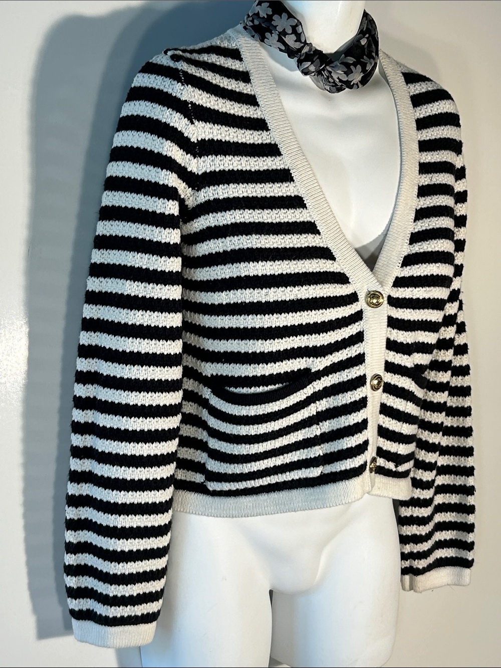 Calligraphie SZ L Black & White Stripe Boxy Cardigan Preppy Parisian Academia